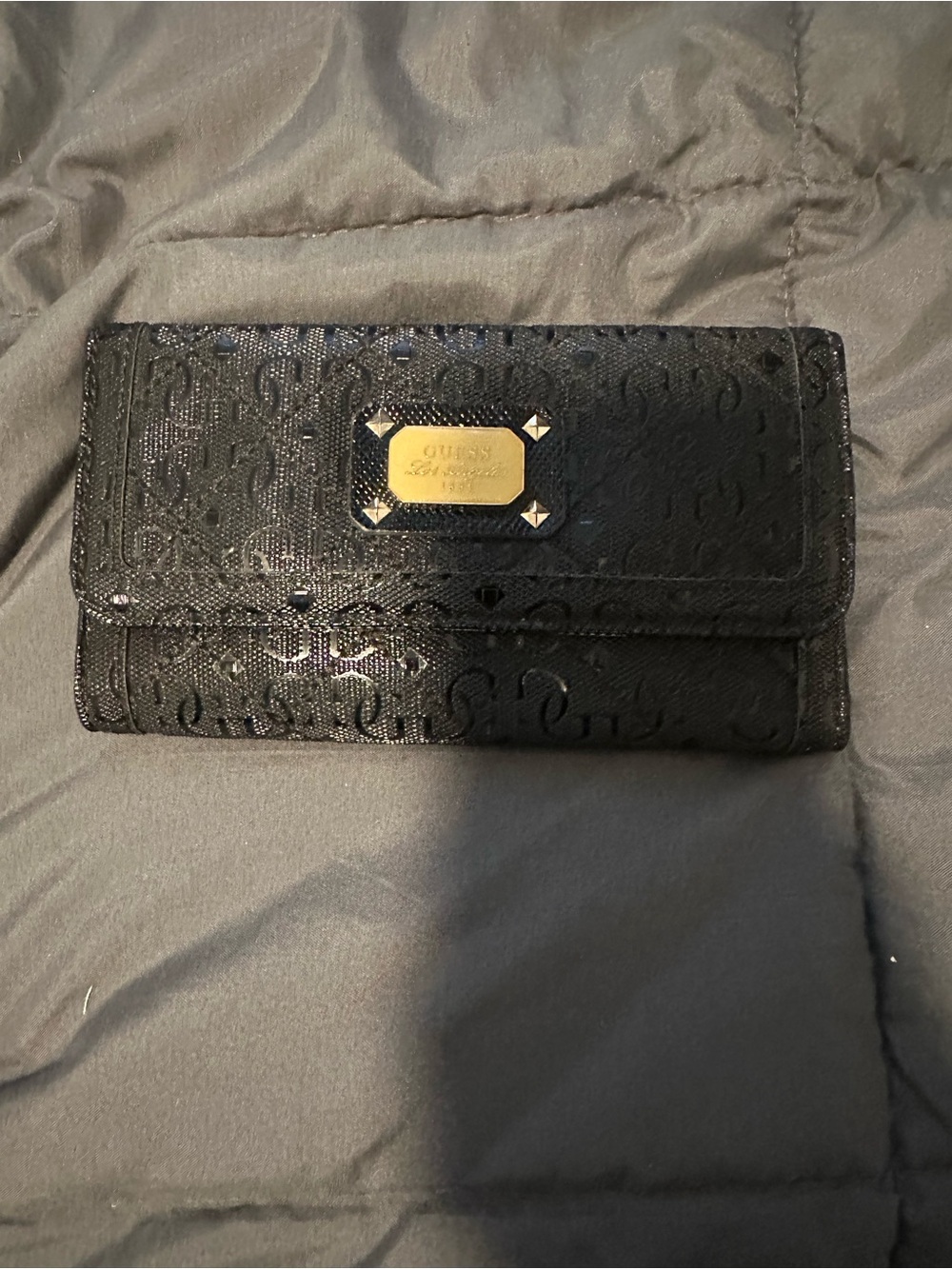 GUESS Black Quilted Logo Wallet with Gold Plaque